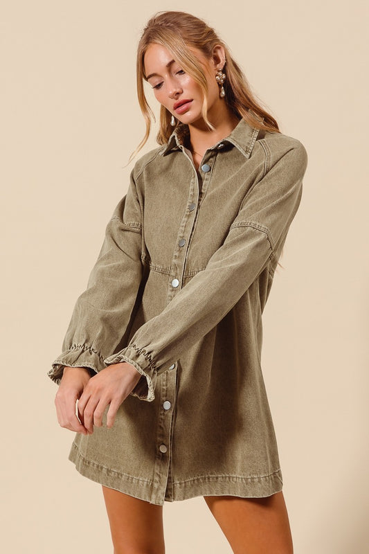 Washed Color Denim Button Down Shirt Dress