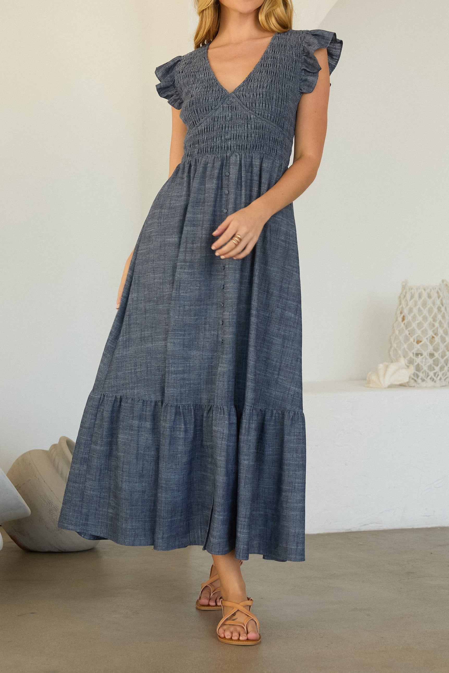 Sharon Smocked Flutter Sleeve Chambray Midi Dress