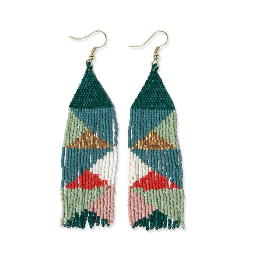 Brittany Mixed Triangles Beaded Fringe Earrings Teal