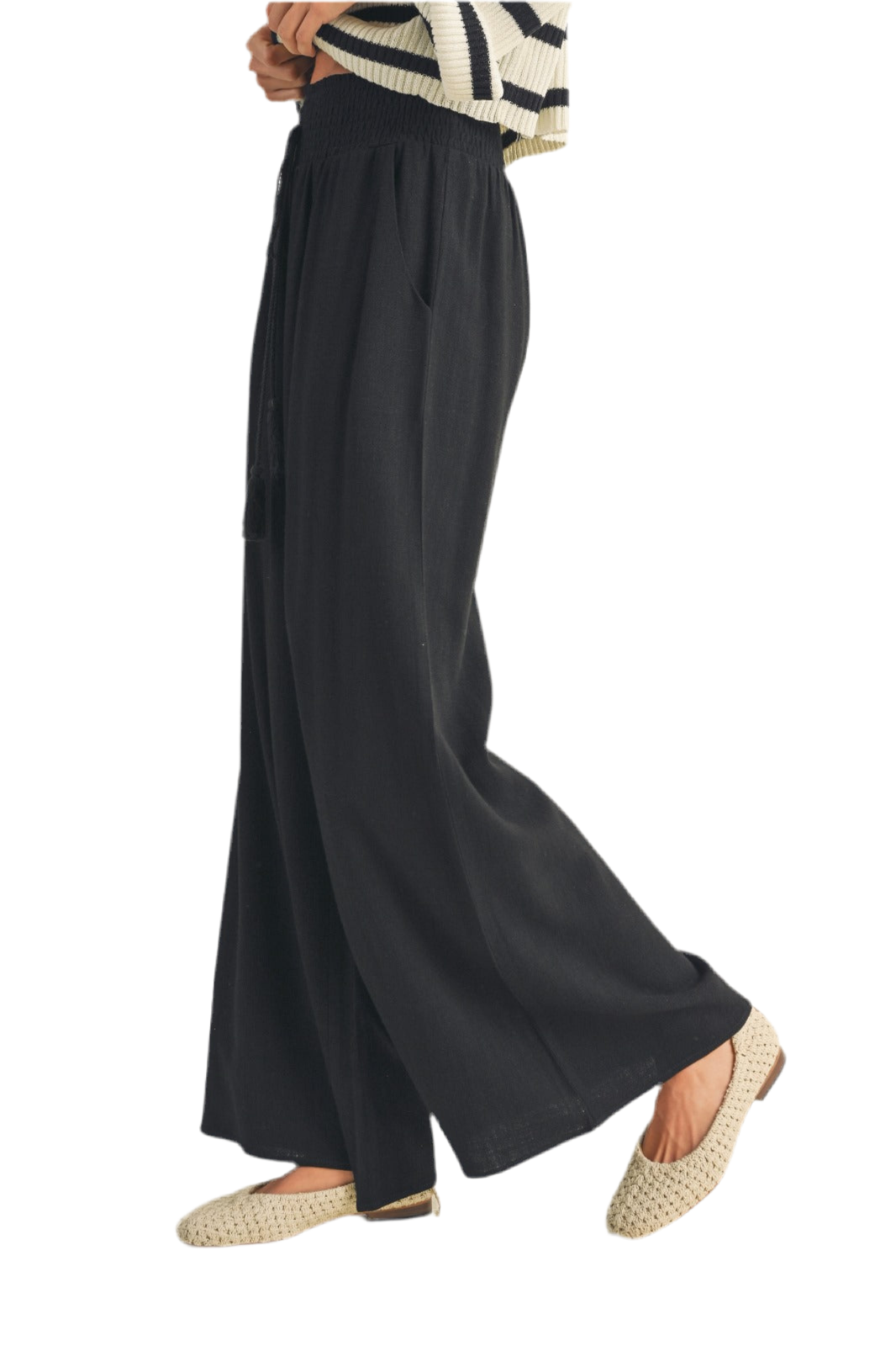 Tara Cotton Linen Smocked Waist Pant with Tassel