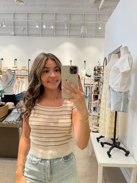 Ashley Beige & White Short Sleeve Knit Top