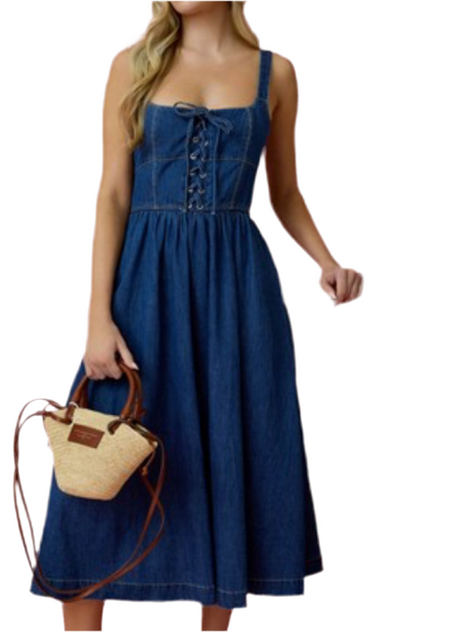 Remi Lace Up Sleeveless Denim Midi Dress