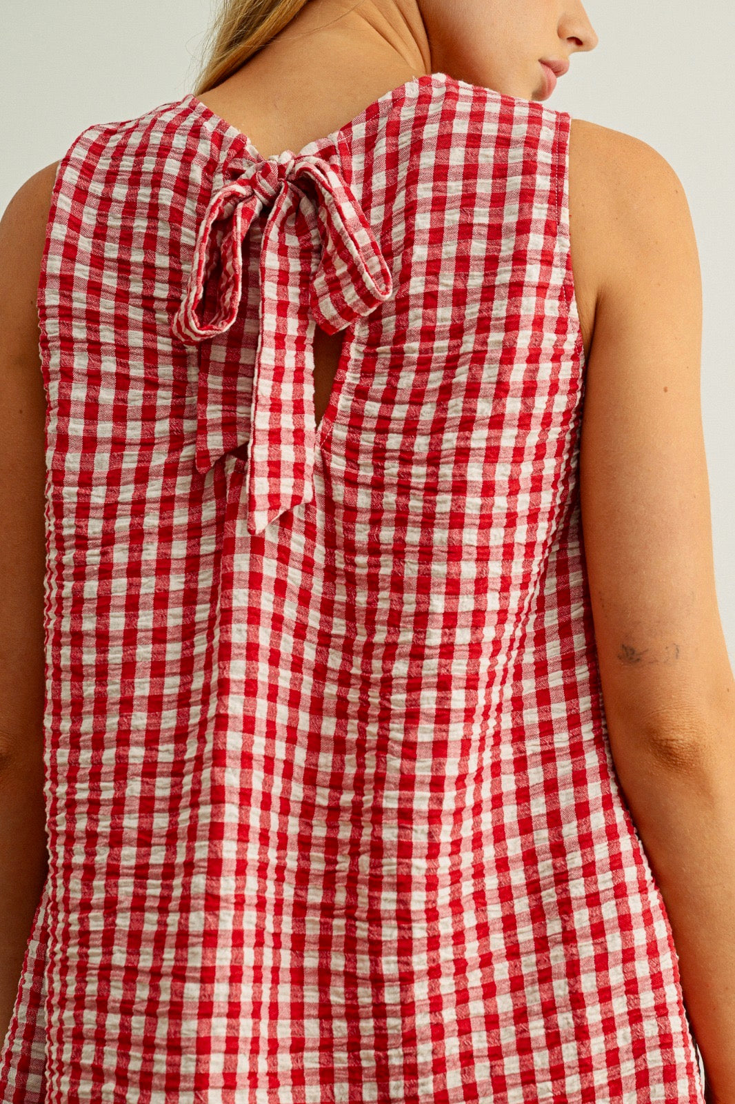 Gracie Gingham Pattern Sleeveless  Open Back Detail Dress