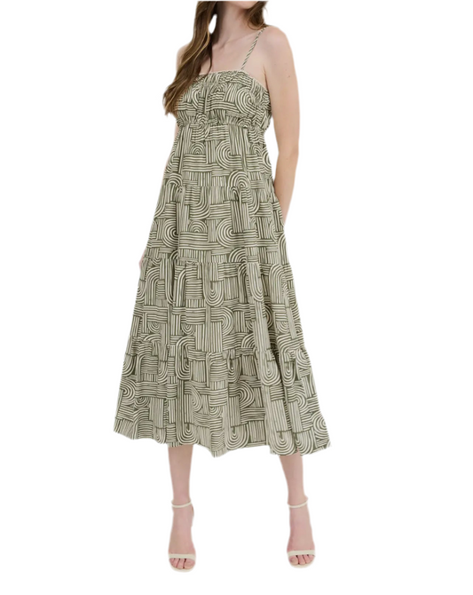 Arya Abstract Print Empire Waist Tiered Midi Dress