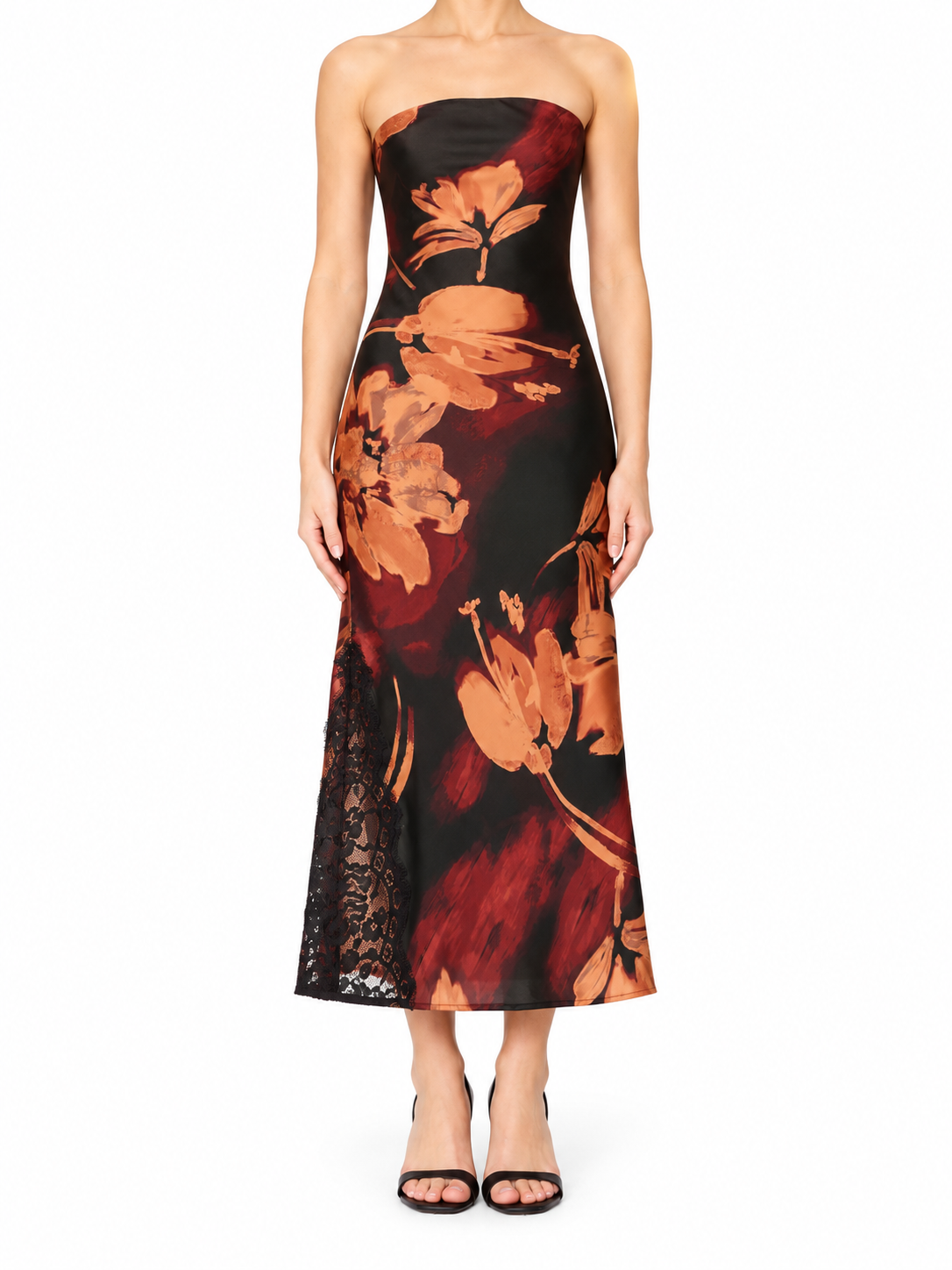 Floral Strapless Lace Hem Midi Dress