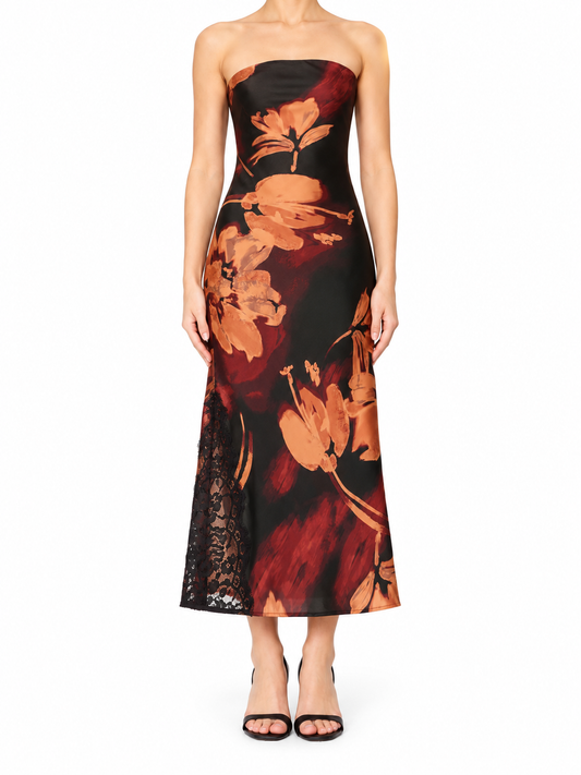 Floral Strapless Lace Hem Midi Dress