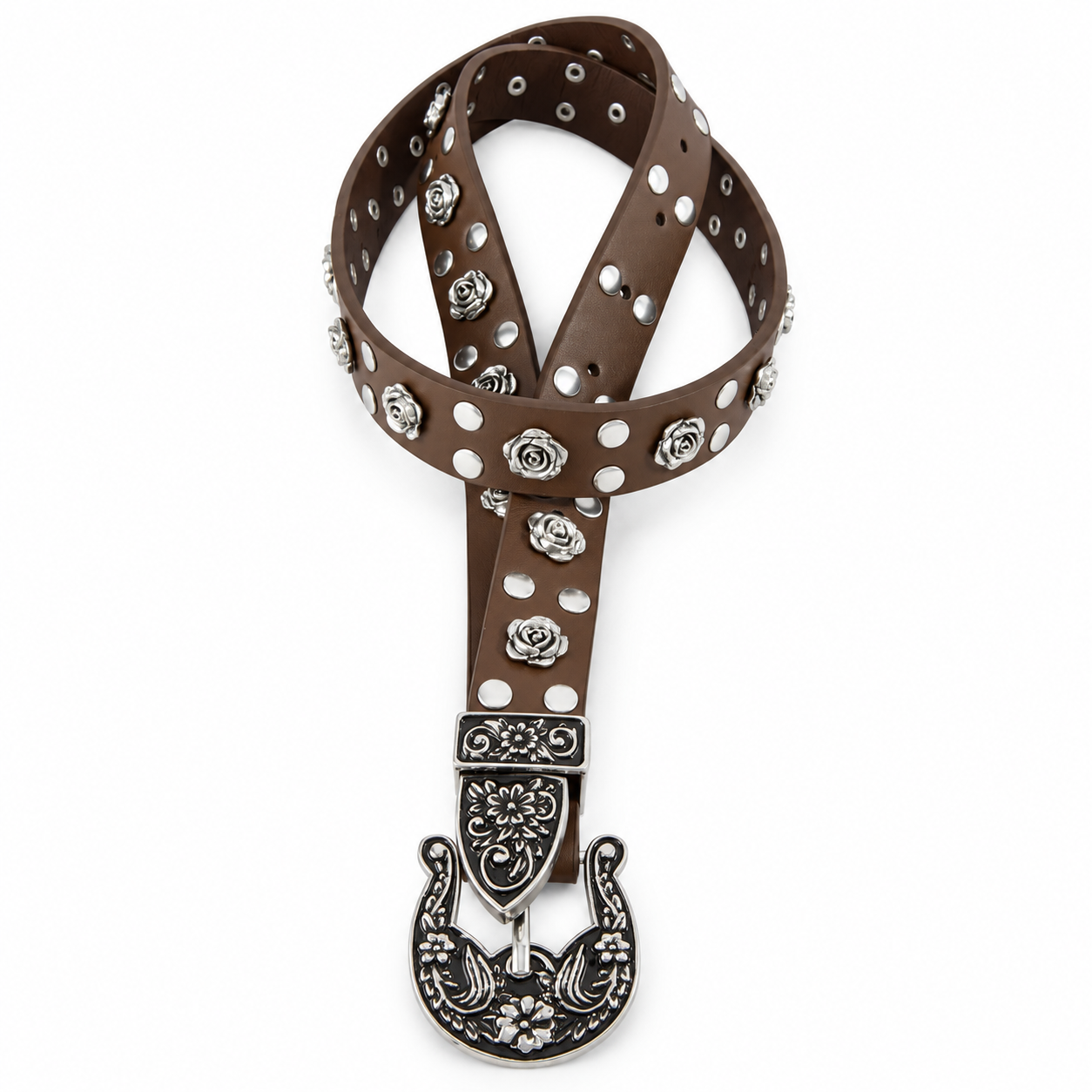 Rosette Studded Western Buckle Vegan Leather Belt