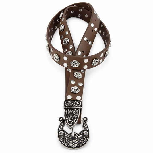 Rosette Studded Western Buckle Vegan Leather Belt