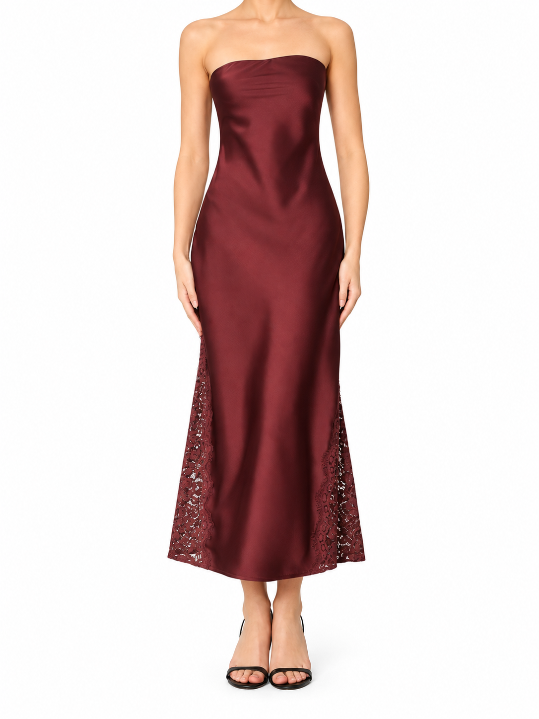 Matilda Satin Strapless Lace Hem Midi Dress
