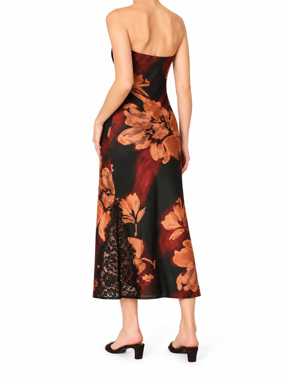 Floral Strapless Lace Hem Midi Dress