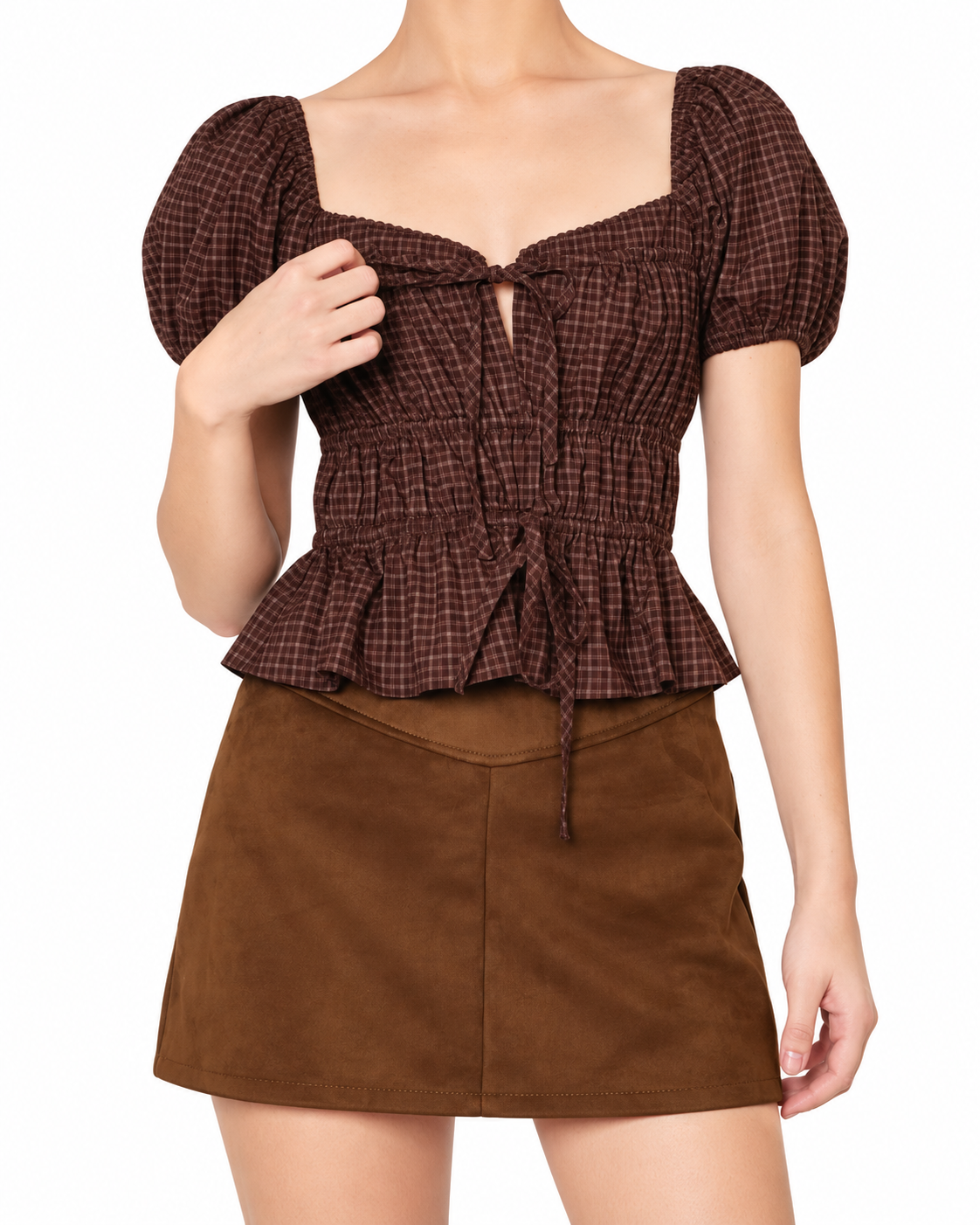 Mackenzie Plaid Puff Sleeve Peplum Top