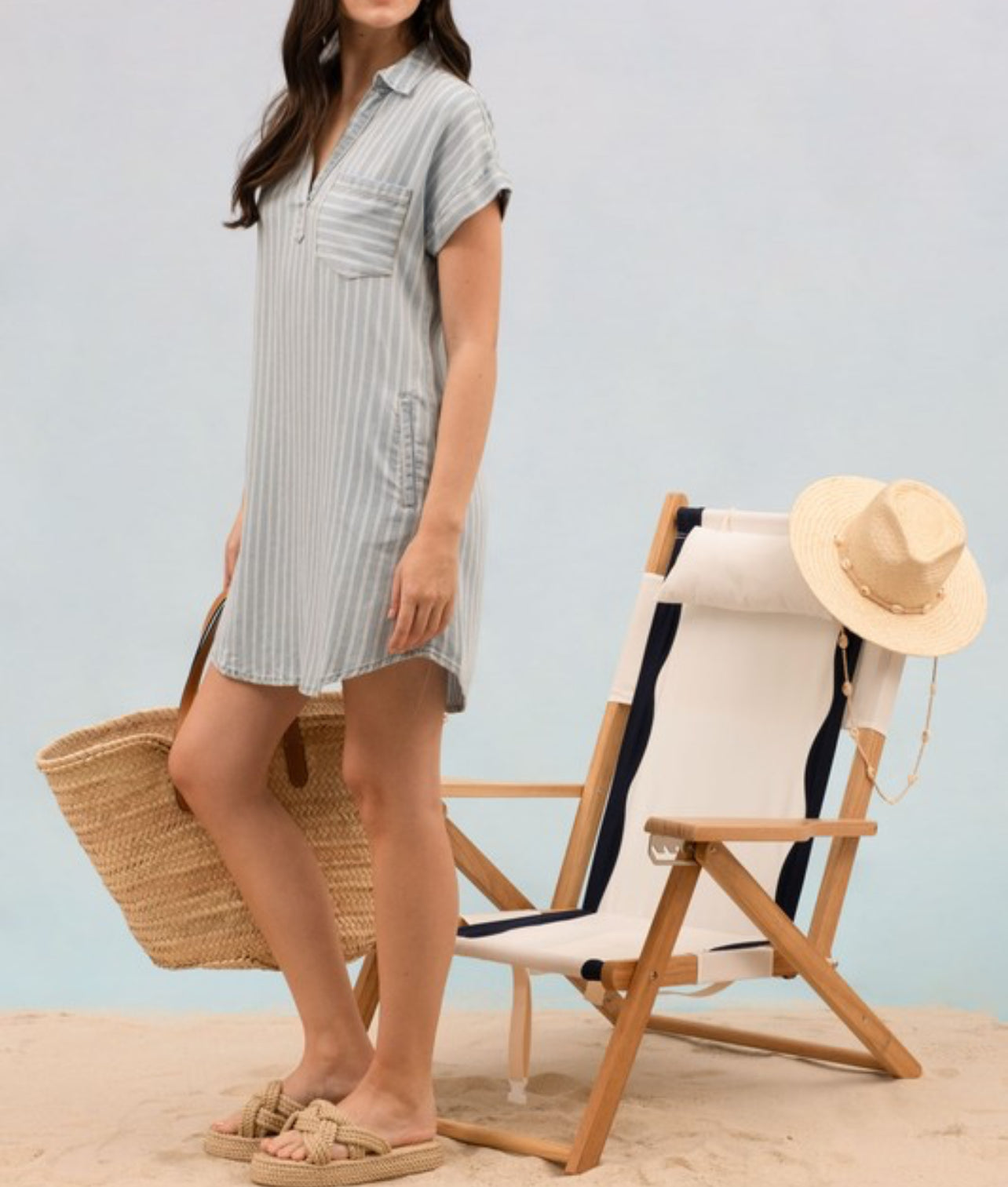 Brenda Stripe Chambray Collared Cuff Sleeve Mini Dress