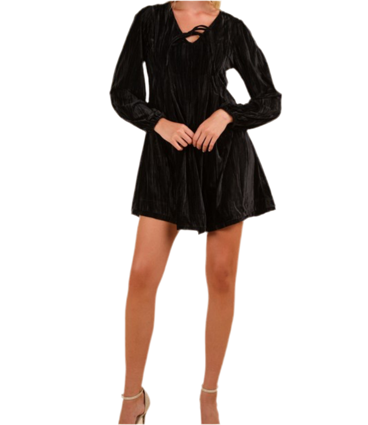 Front Ribbon Long Sleeve Velvet Mini Flare Dress