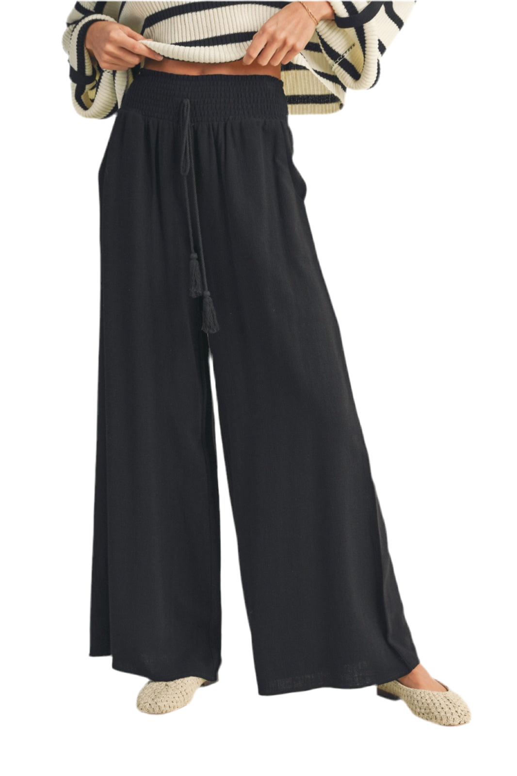 Tara Cotton Linen Smocked Waist Pant with Tassel