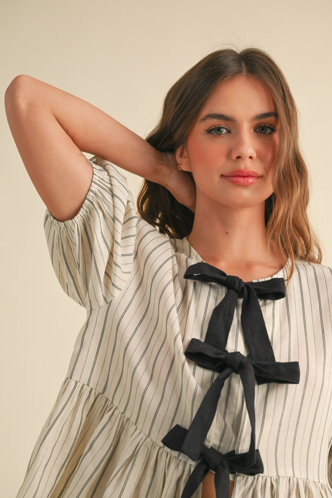 Barb Short Sleeve Striped Tie Front Top