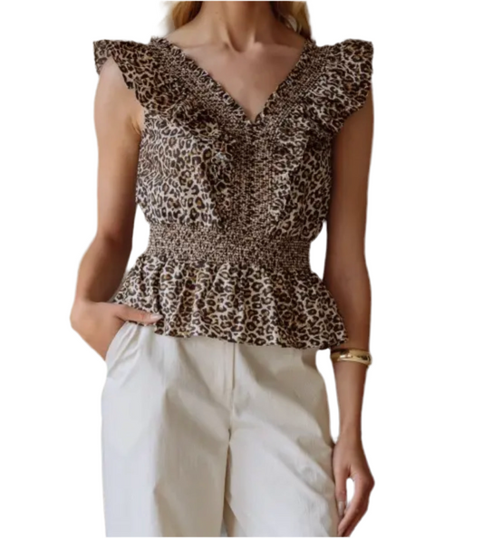 Lane Leopard Print Poplin Smock Waist Top
