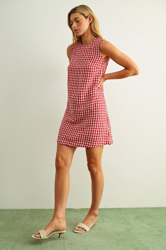 Gracie Gingham Pattern Sleeveless Open Back Detail Dress