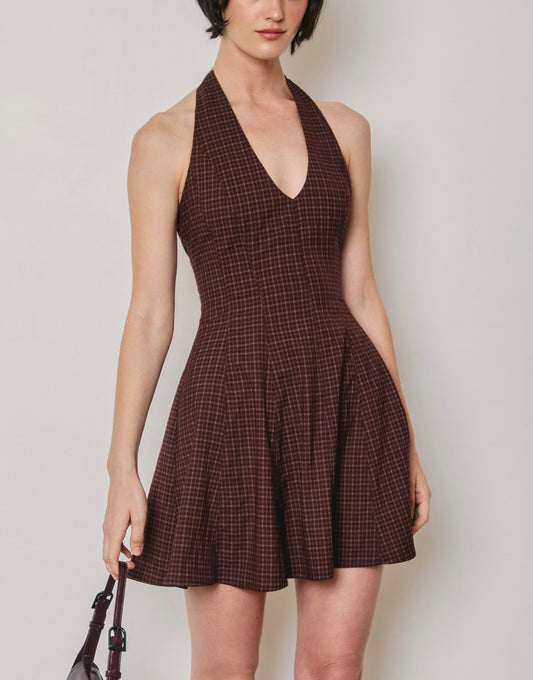 Gigi Burgundy Plaid Mini Halter Dress
