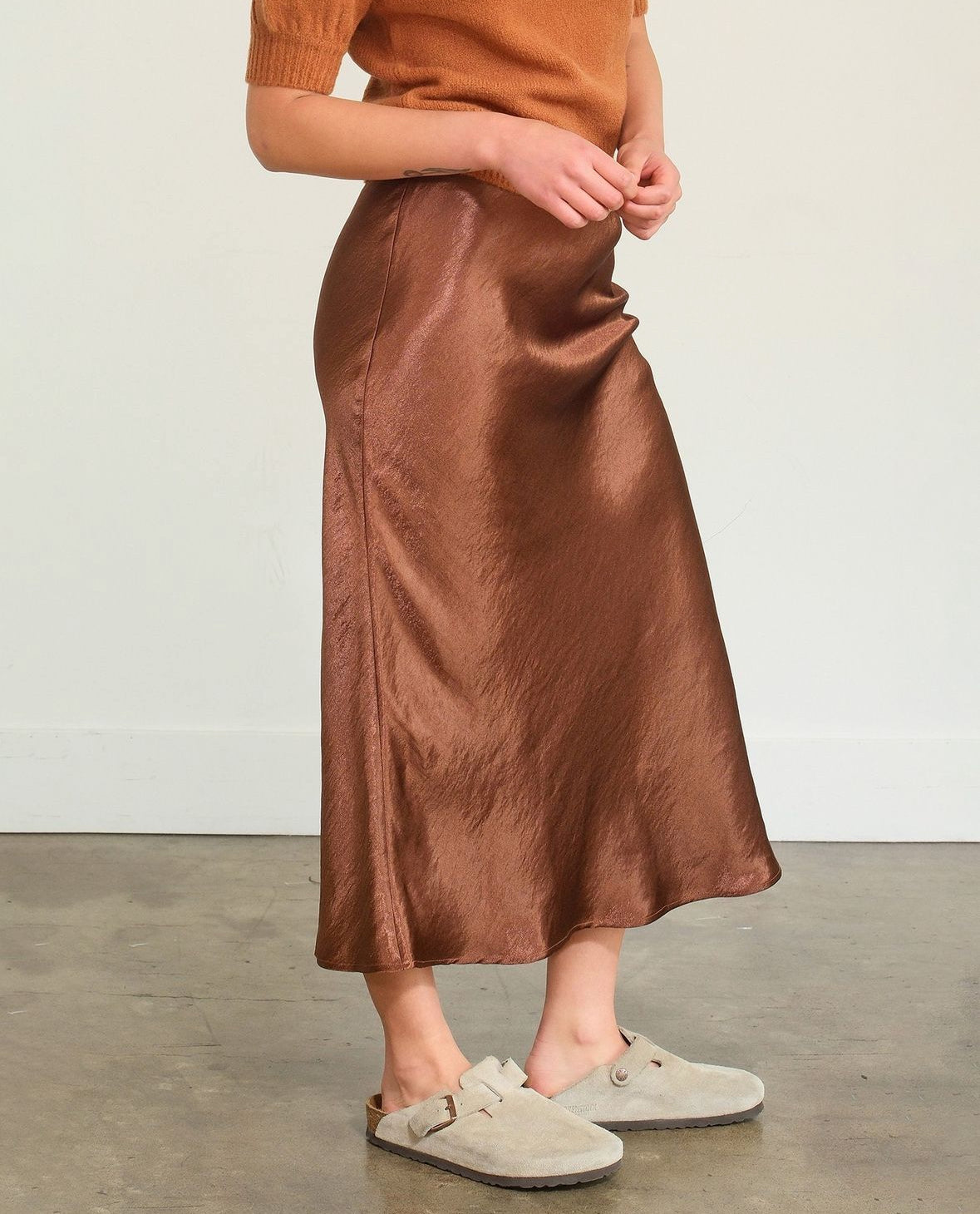 High Waisted Sheen Satin Midi Skirt