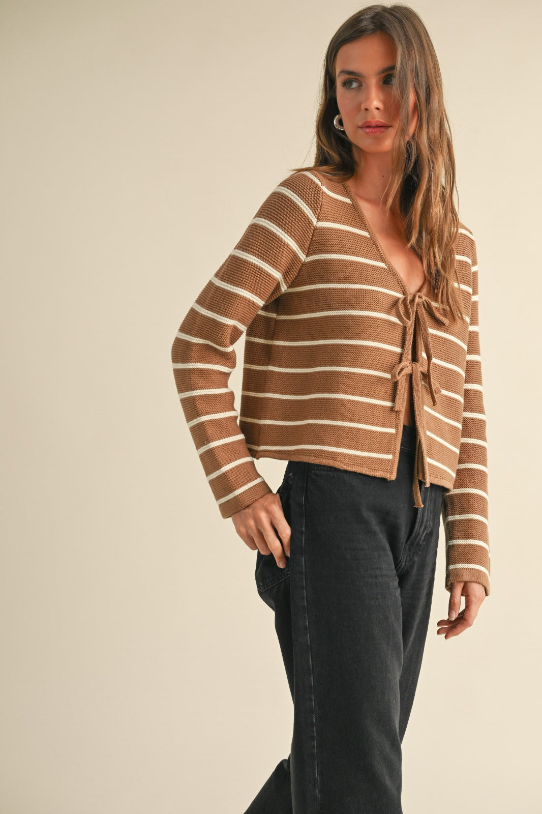 Paige Long Sleeve Striped Tied Front Cardigan Sweater