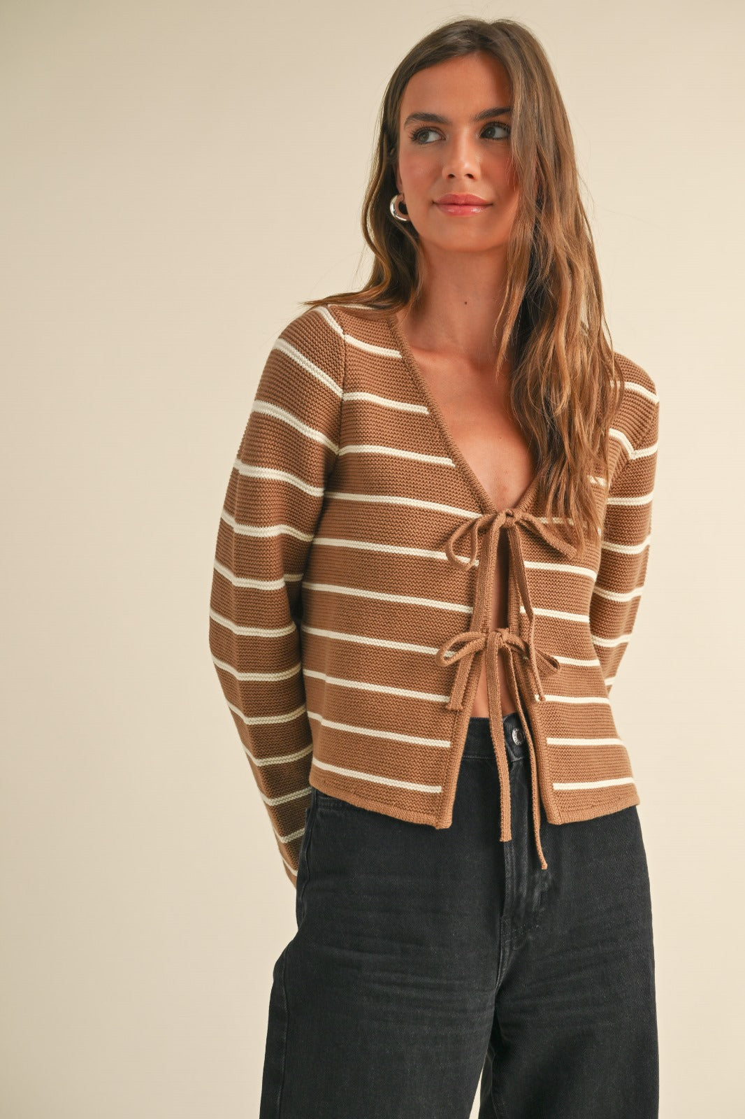 Paige Long Sleeve Striped Tied Front Cardigan Sweater