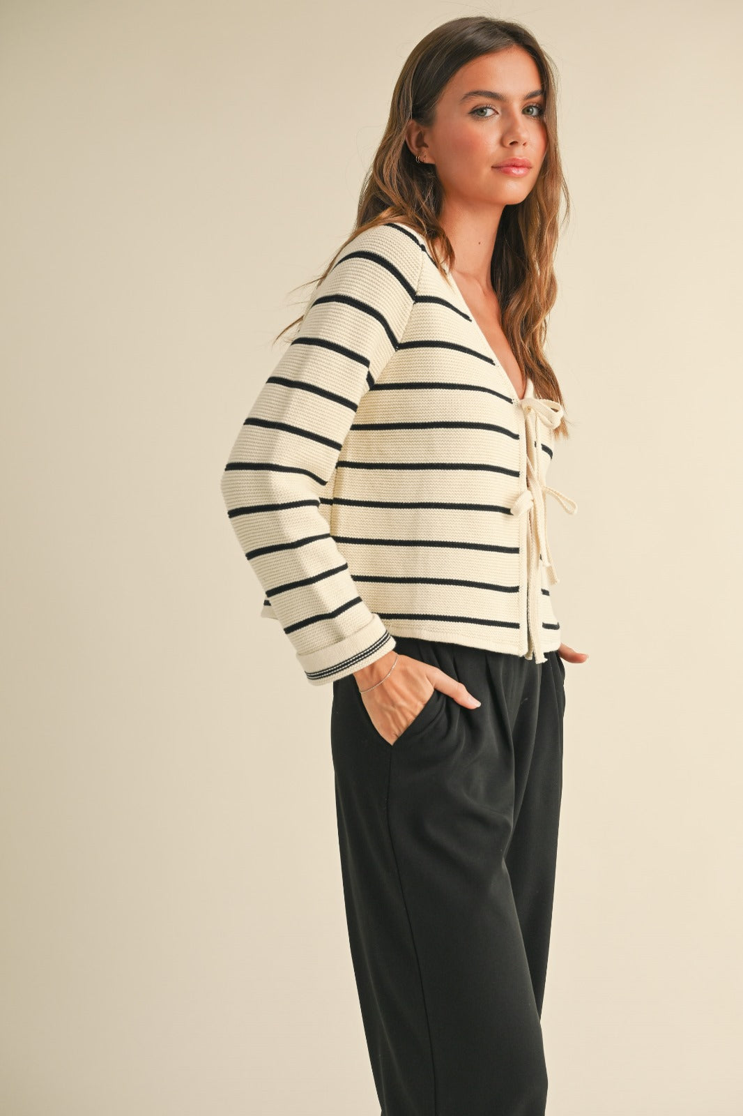 Paige Long Sleeve Striped Tied Front Cardigan Sweater