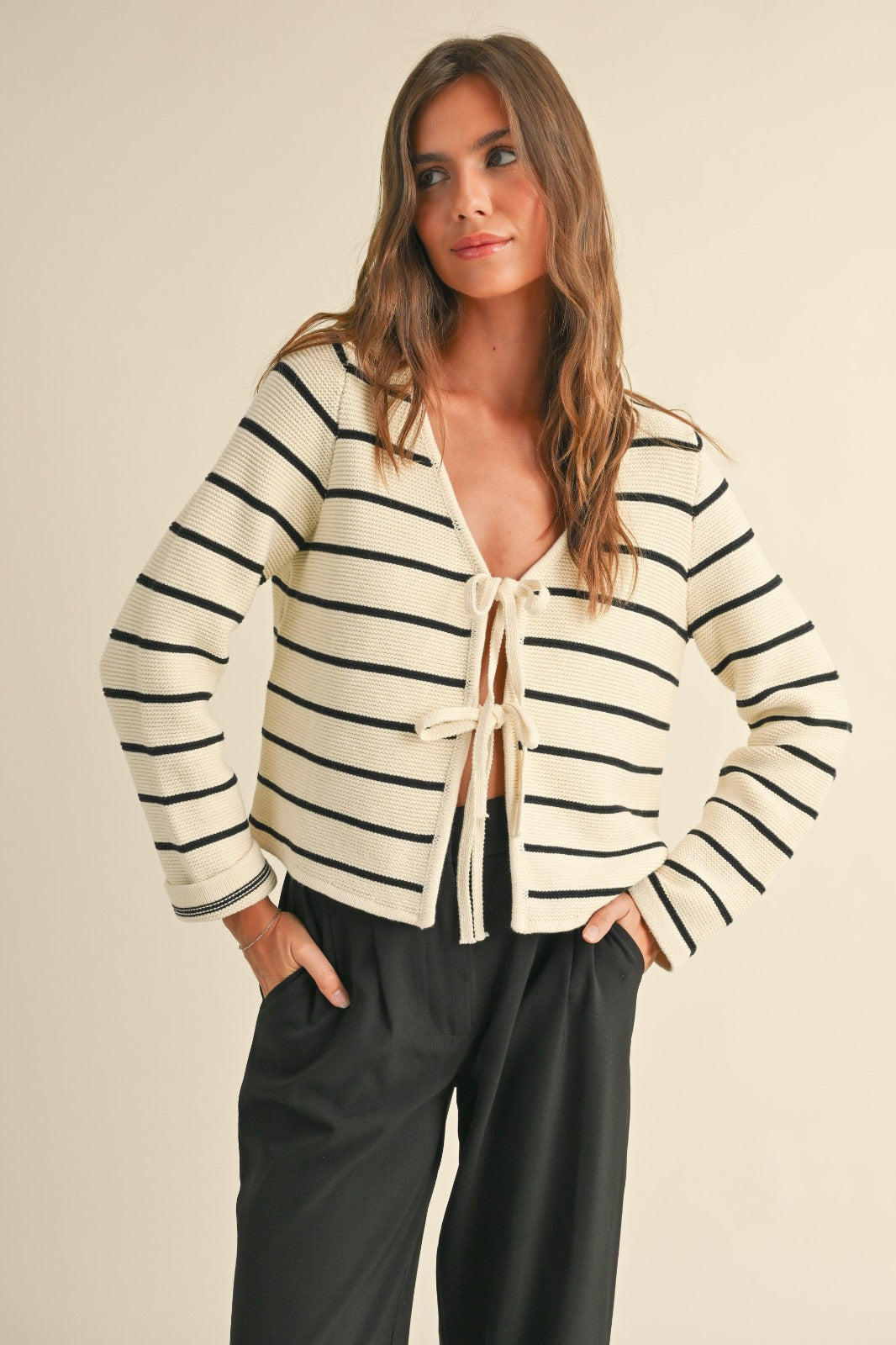 Paige Long Sleeve Striped Tied Front Cardigan Sweater