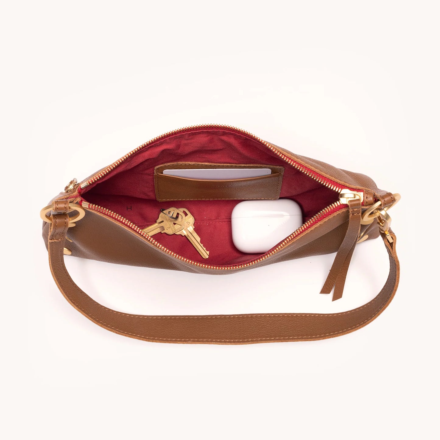 Kyle Leather Shoulder Bag  Mahogany Pebble/Brushed Gold Red Zip by Hammitt