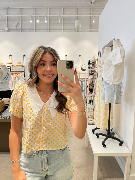 Taylor Yellow & White Short Sleeve Embroidery Top