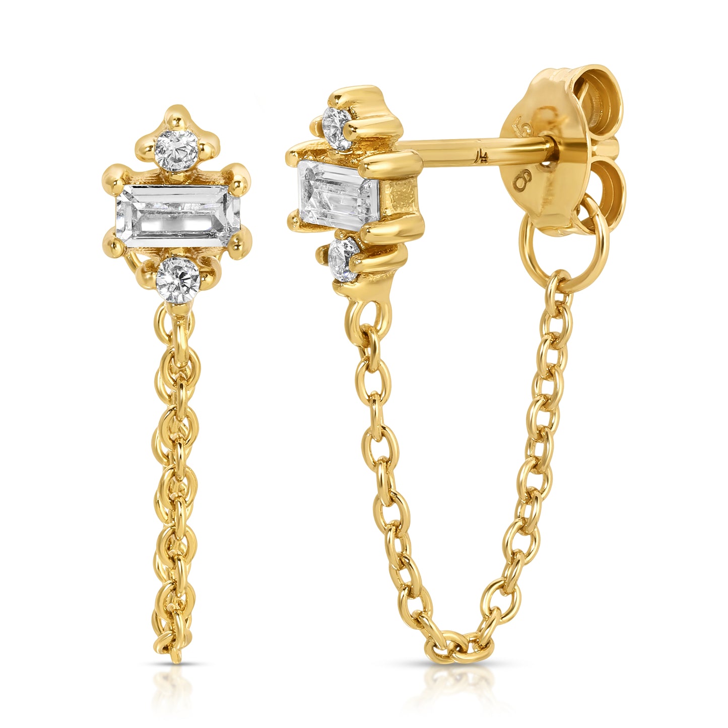 Lizzy Chain Stud Earring Baguette CZ  and accents with Chain Connection