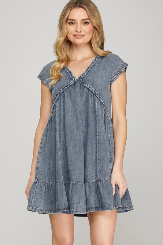 Lucca Braided Denim Dress with Drop Shoulder Short Sleeve