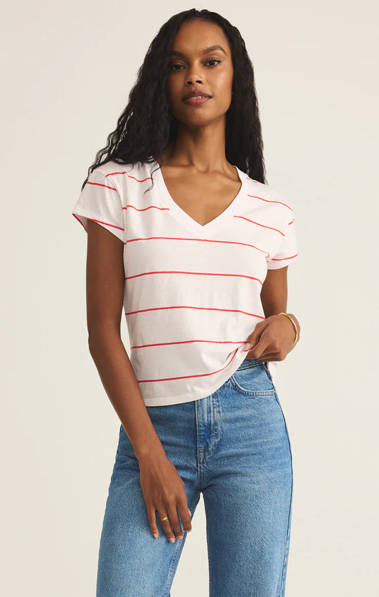 Z Supply Striped Modern V-Neck Tee - Red Hot