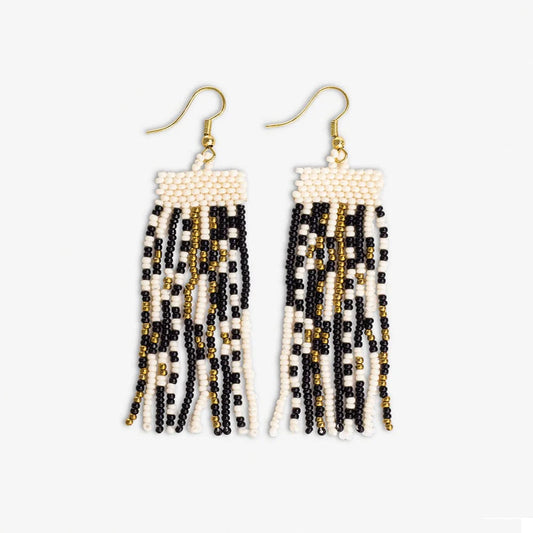 Adaline Mixed Patterns Beaded Fringe Earrings Black/Cream