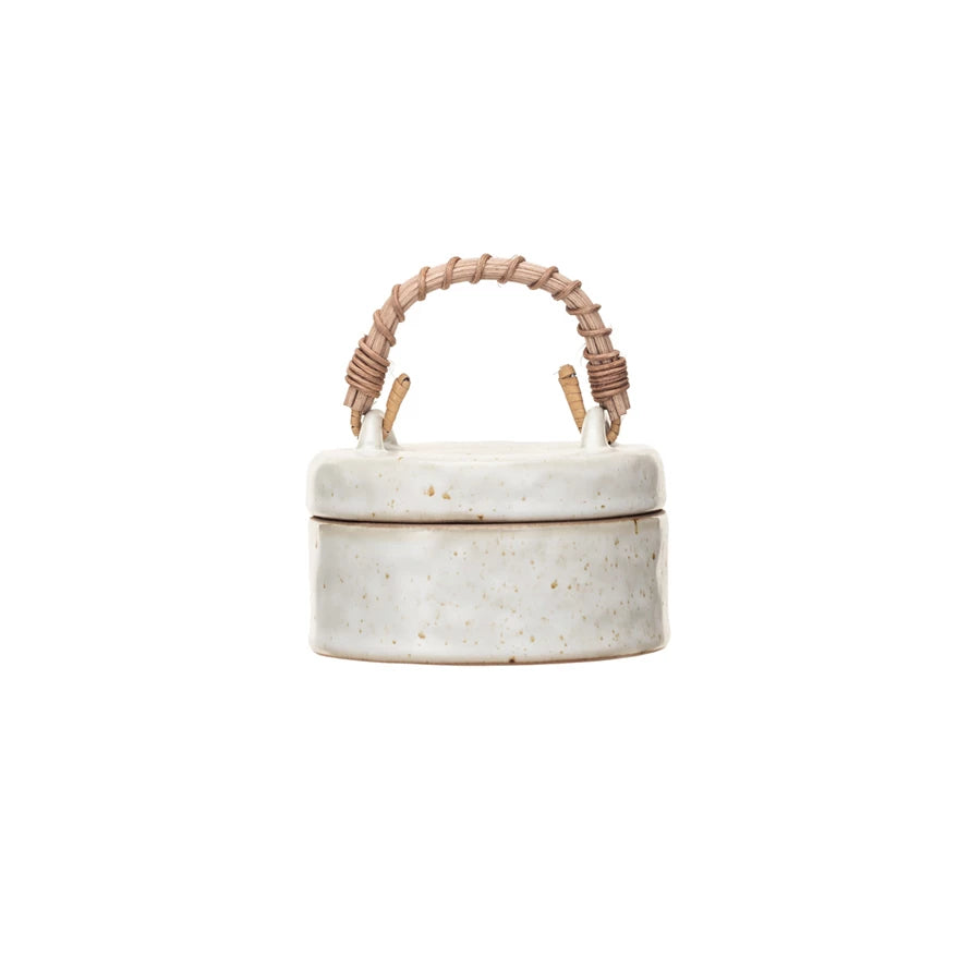 Stoneware Jar with Woven Rattan Handle