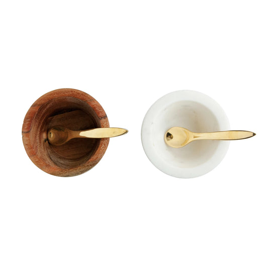 Marble & Mango Wood Pinch Pot w/ Brass Spoon, Set of 2