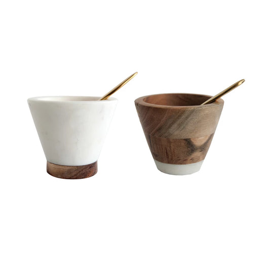 Marble & Mango Wood Pinch Pot w/ Brass Spoon, Set of 2