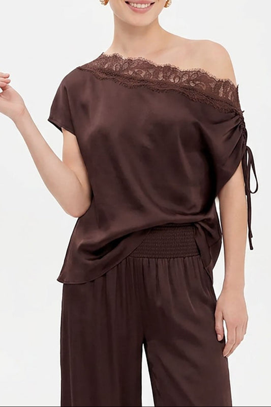 Sherrie Draped Off Shoulder Lace Trim Blouse