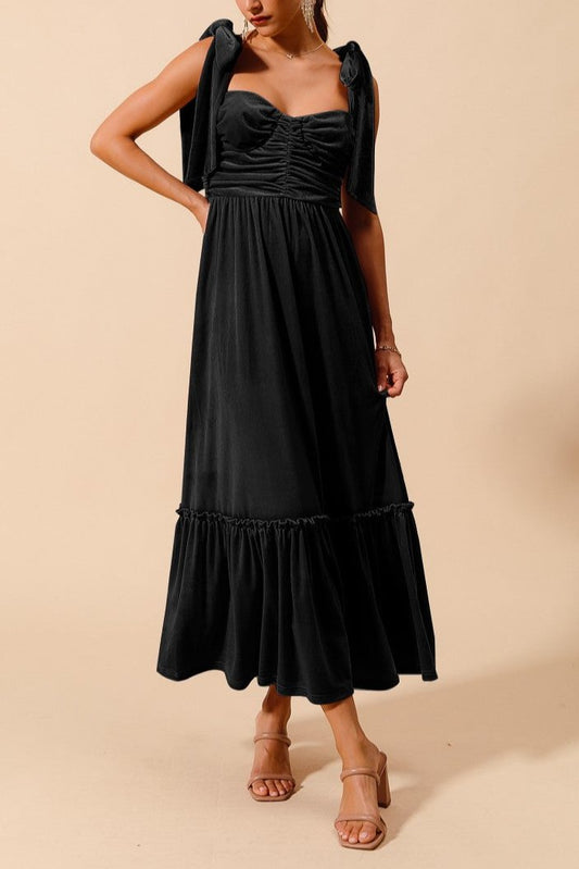 Velvet Feminine Dress with Ribbon Strap