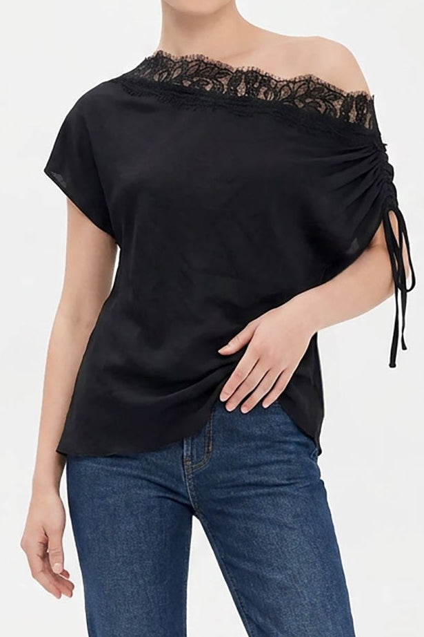 Sherrie Draped Off Shoulder Lace Trim Blouse