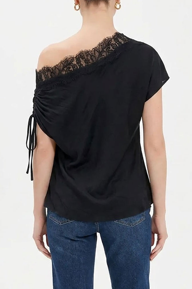 Sherrie Draped Off Shoulder Lace Trim Blouse