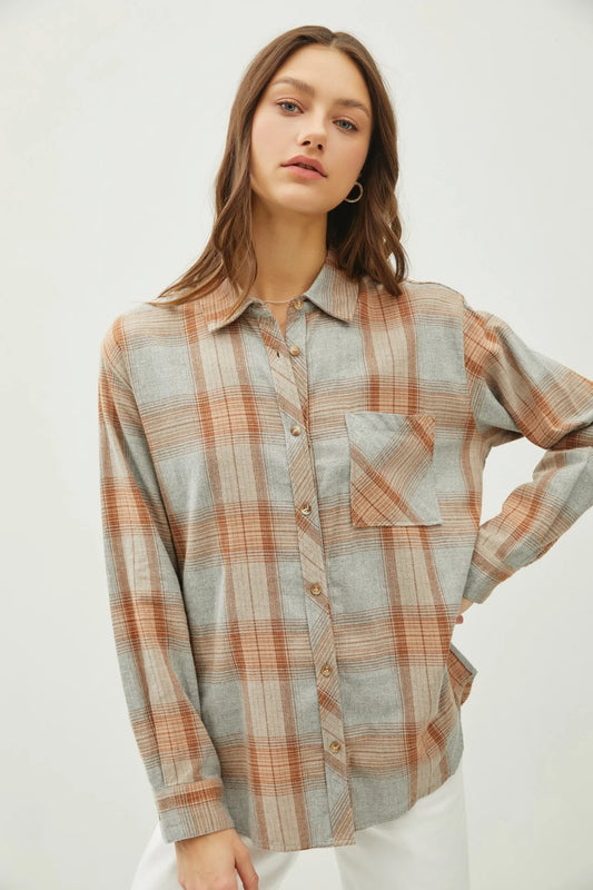 Juliette Oversize Flannel Long Sleeve Top Caramel