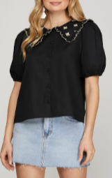 Chelsey Puff Sleeve Embroidery Button Down Blouse