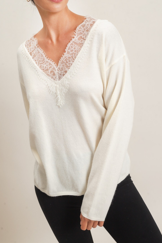 Juliette Lace Trim V-neck Sweater