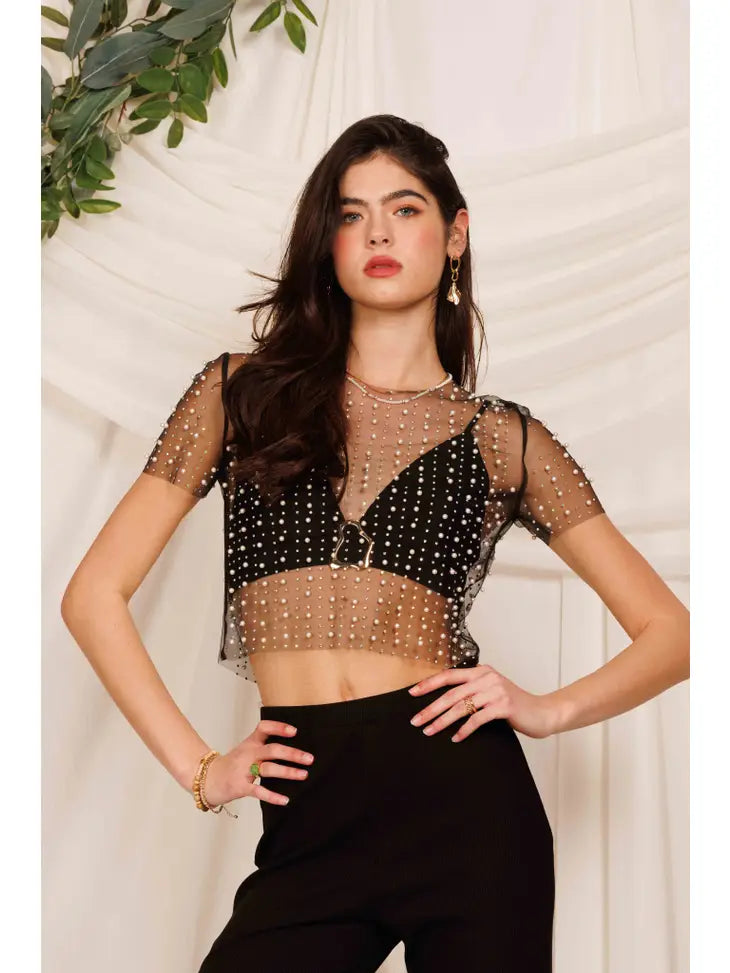 Pearls and Rhinestones Short Sleeve Mesh Crop Top