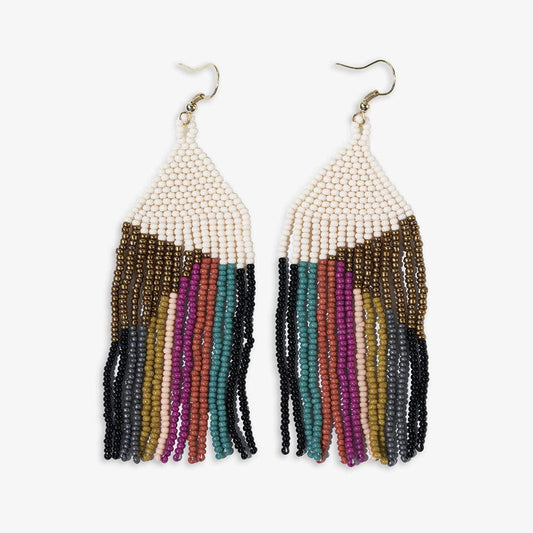 Elise Angle with Stripes Beaded Fringe Earrings Muted Rainbow