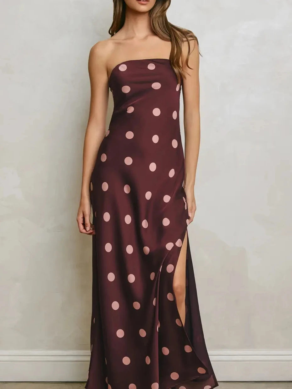 Jaylee Polka Dot Satin Strapless Maxi Dress
