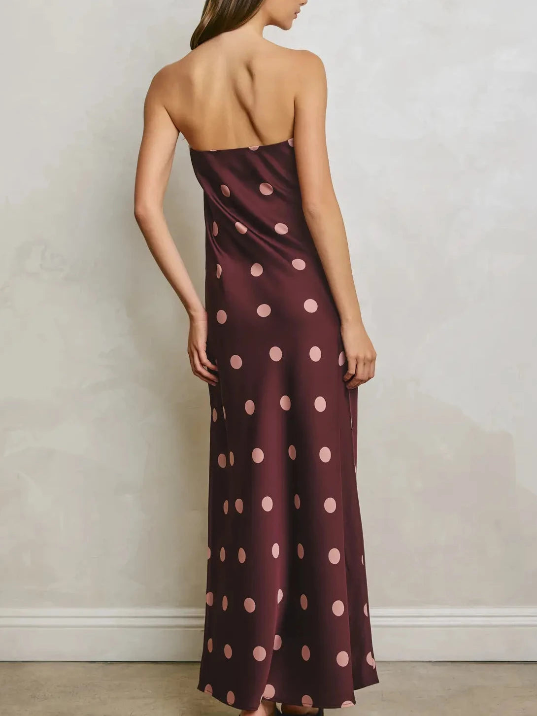 Jaylee Polka Dot Satin Strapless Maxi Dress