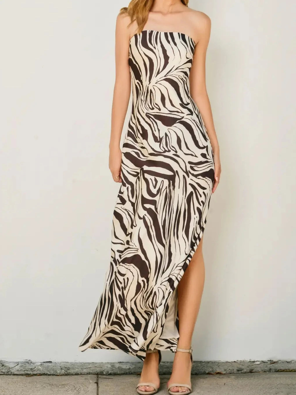 Zebra Print Strapless Tie Back Maxi Dress