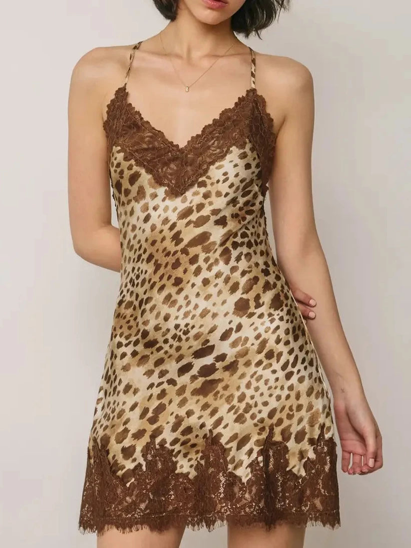 Rita Lace Trim Satin Leopard Slip Mini Dress