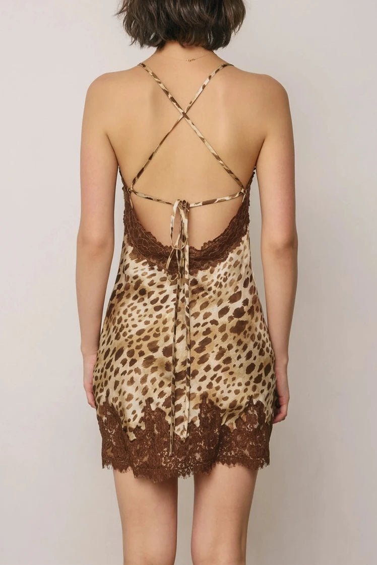 Rita Lace Trim Satin Leopard Slip Mini Dress